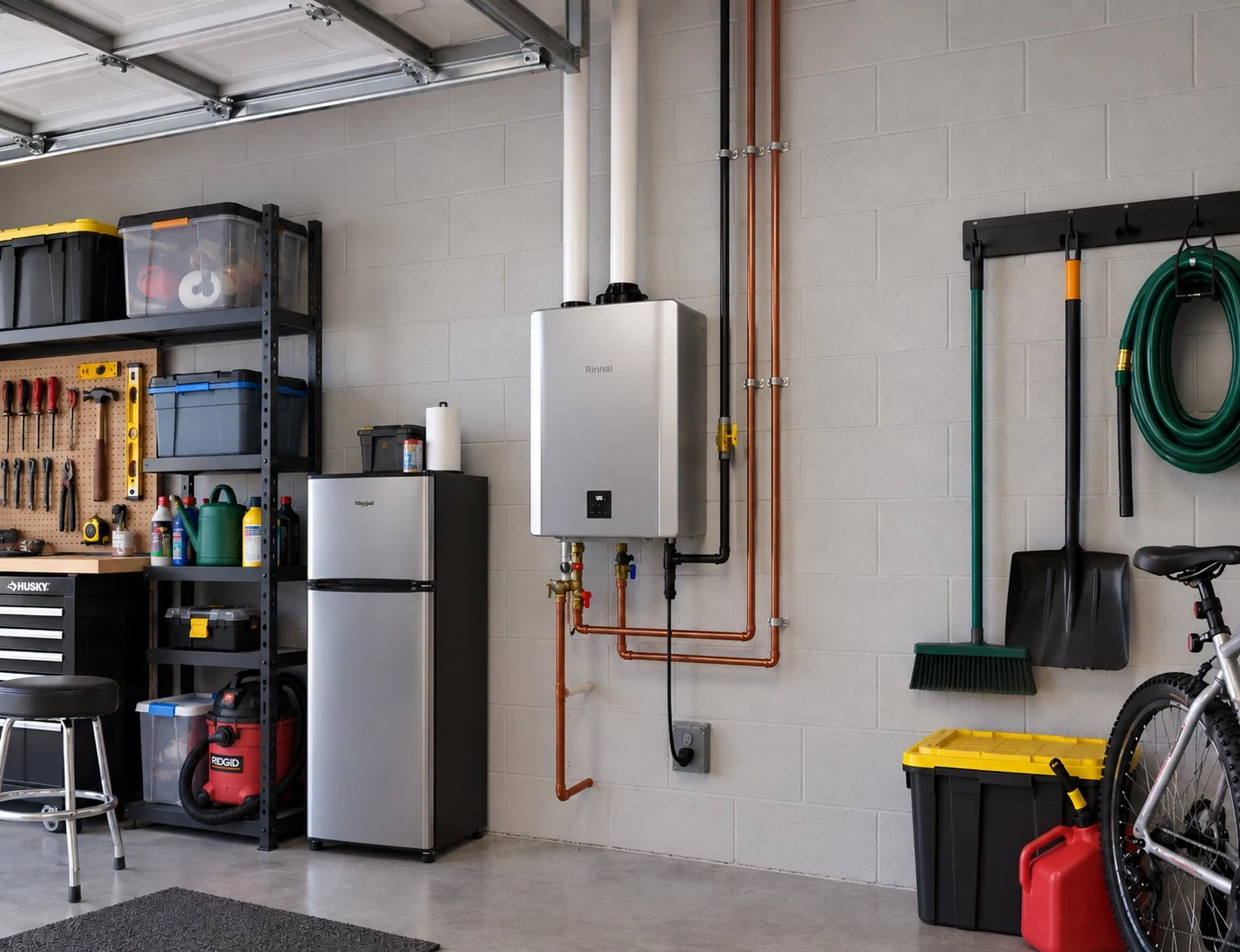 Rinnai tankless water heater installation with connected pipes in a garage