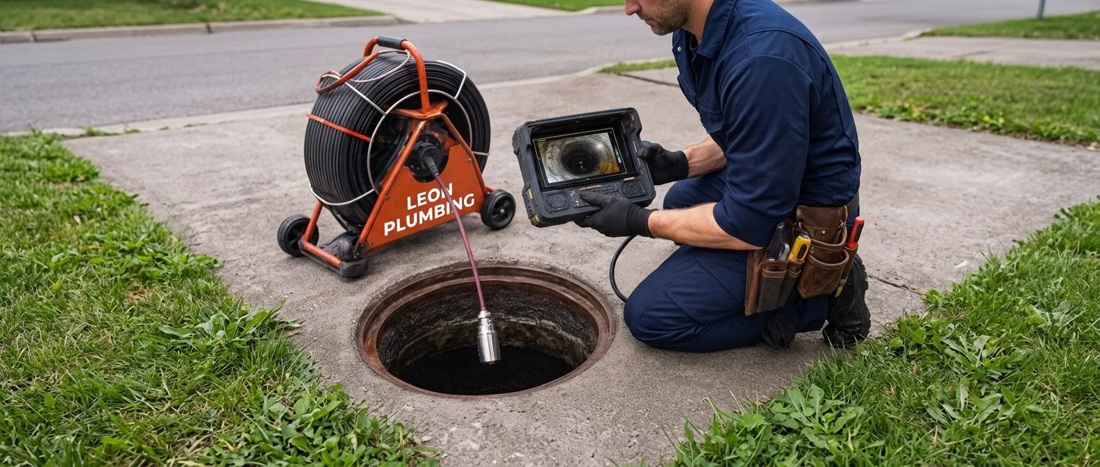 Leon Plumbing sewer camera inspection equipment at a job site