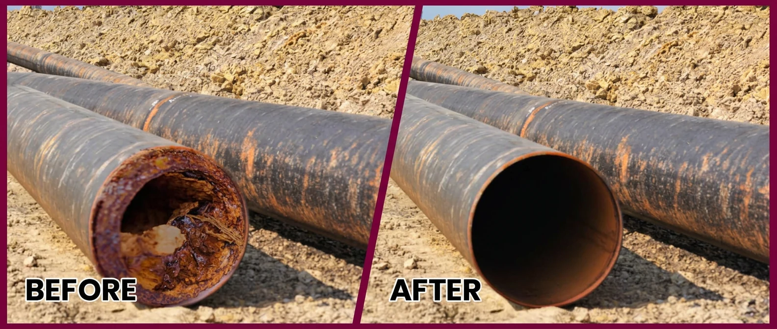 Sewer pipe before and after Leon Plumbing hydro jet drain cleaning