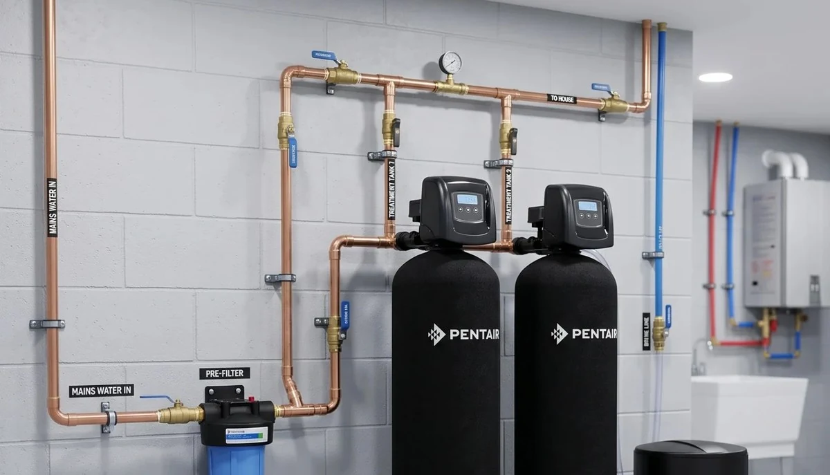Pentair water softeners and filtration equipment installed in a utility room