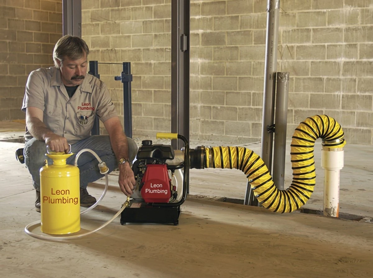 Leon Plumbing technician performing sewer and drain smoke testing