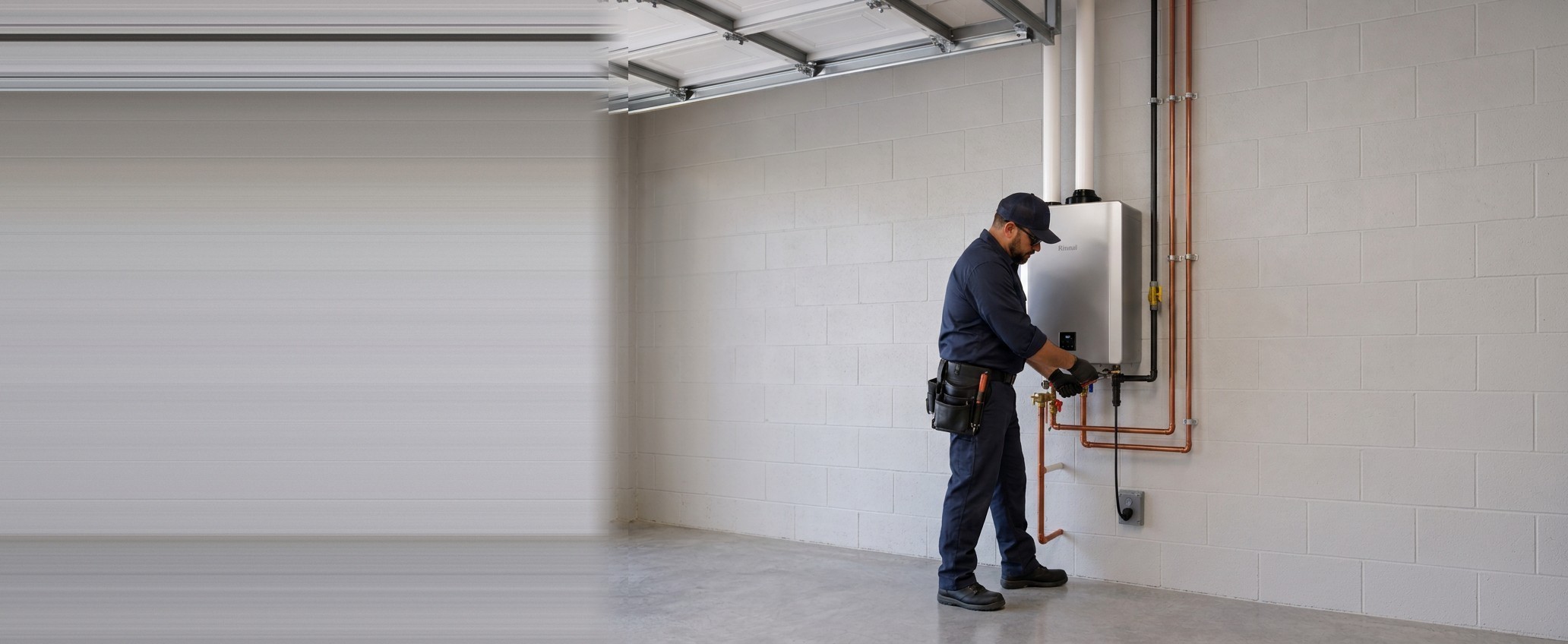 Leon Plumbing technician servicing a Rinnai tankless water heater installation in a Los Angeles garage